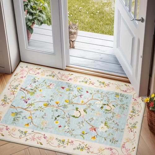 TOPICK Doormat 60x90 cm Washable Indoor Soft Entryway Rug Traditional Floral Carpet Chenille Mat Accent Rug Lightweight Non Slip Bathroom Kitchen Living Room Bedroom Pink Blue