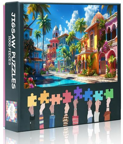 1000-Piece Jigsaw Puzzle Set: Vibrant Tropical Paradise with Colorful Buildings, Palm Trees, and Scenic Landscapes – An Impossibly Challenging and Thrilling Game for Puzzle Enthusiasts