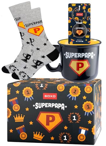 soxo Super Papa Chaussettes Homme Fantaisie Cadeau Drole Chaussette Cadeaux Hommes Ensembles 40-45 Chaussettesi + Verre + Porte-clés