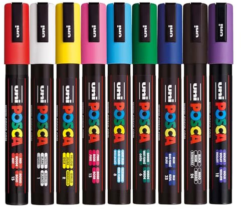 Posca - Standard PC-5M Acrylic Paint Pens (9pc), Multisurface Water Based Markers Ideal for Rock Painting, Canvas, Glass, Wood, Metal, Fabric, Colouring, Arts and Crafts, with 4 Stickers