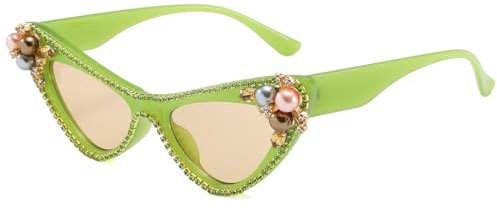 Long Keeper Sonnenbrille Strass - Retro Sonnenbrille Katzenaugen mit Glitzer Kristall Luxus Perlen Bling Festival Party Aesthetic Brille für Damen UV400 (Grün Champagner)