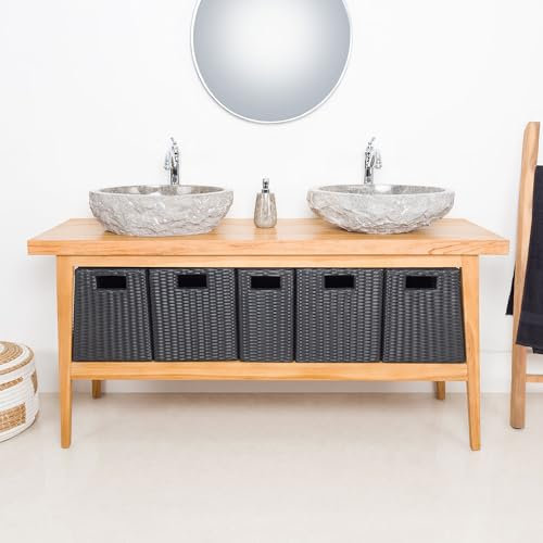 Wohnfreuden Teakholz Waschtischplatte Titin braun eckig 160 cm - Holzplatte lasiert Unikat Unterschrank für Doppelwaschbecken