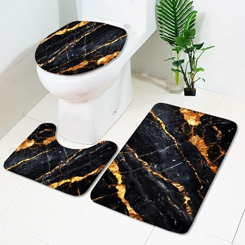 Badezimmermatte Minimalistisches Gold Schwarz Fußmatte 3 Teilig Duschvorleger rutschfest Badezimmerteppich Saugfähig Badvorleger Set Bath Mat Langlebig Badmatte Waschbar Badematte 45x75cm