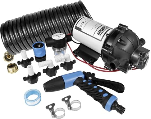 WASSERMANN 12V DC Washdown Pump Kit, 7.5GPM 80PSI, 5-Chamber Self-Priming Diaphragm Pump with Pressure Switch, Coiled Hose, Spray Nozzle for Boat Marine Yacht Freshwater Garden RV
