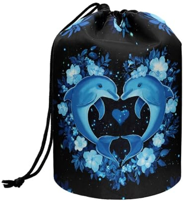 Wnbucioht neon dolphin Drawstring Cosmetic Bags Barrel Makeup Bag,Women Girls Foldable Toiletries Cases Organizer Blue Dolphin Print Multifunctional Toiletry Bucket Bags Round Organizer Storage Pocket