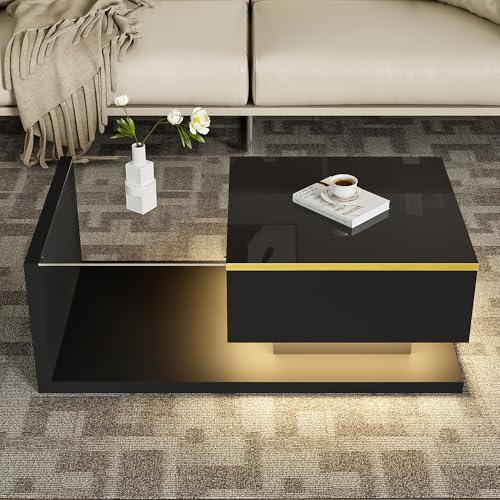 Merax Coffee Table with Storage, Black High Gloss Coffee Table Centre Table for Living Room, with glass Tabletop&Gold Accents, storage compartment&open shelves and LED Effect, 90 * 50 * 32,5cm