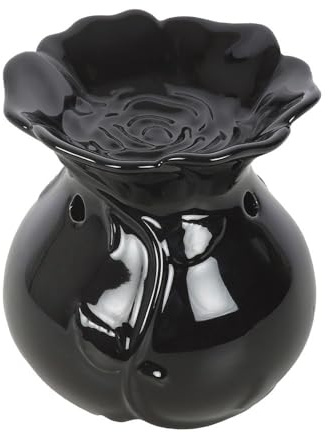 Black Rose Oil Burner | Ceramic Tealight Holder in Sculpted Rose Design | Gothic Home Fragrance Burner for Essential or Fragrance Oils | Dark Romantic Decor Gift