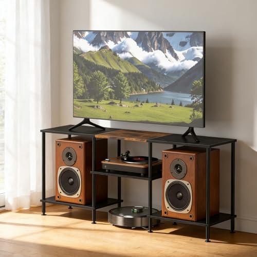 UOMIO TV Schrank Ständer 3-Stufiges Regal TV-Schrank Freistehend für 50-Zoll-Fernseher Fernseher Schrank mit Verstellbare Standfüße TV Möbel Rustikaler für Wohnzimmer Schlafzimmer Hotels (Schwarz)