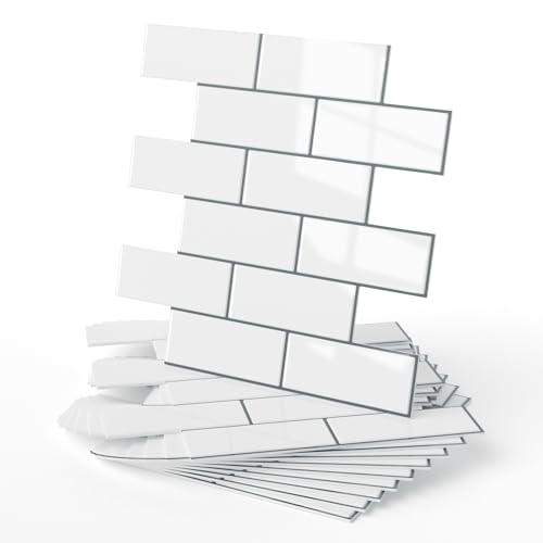 WADILE 3D Peel and Stick Subway Wall Tiles, 10PCS Aluminum Foil Backing Foam Brick Panels for Kitchen Bathroom Backsplash, Waterproof Self Adhesive Wall Stickers, White