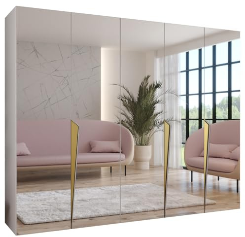 MEBLE KRYSPOL - Kleiderschrank - Garderobenschrank - 250 cm x 202 x 52 cm - Schrank mit Kleiderstange und Spiegel, 5 Türen - für Schlafzimmer, Flur - Piano, Weiß, Griff Gold