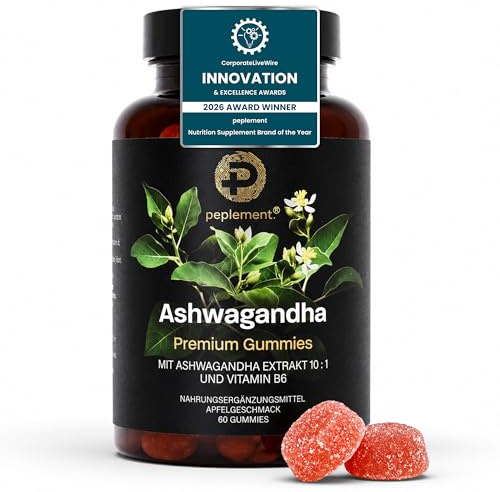 Ashwagandha Gummies mit Premium Ashwagandha Extrakt & Vitamin B6 | Zuckerfreie vegane Gummibärchen Nahrungsergänzungsmittel mit Apfelgeschmack für tägliches Wohlbefinden und Balance | 60 Gummies