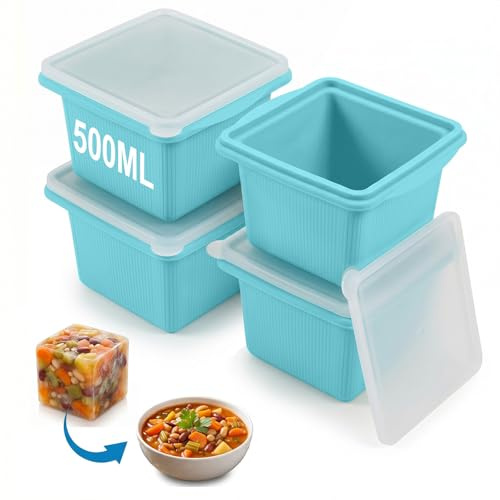 DRADERCH 4 Piezas Molde de Silicona para Congelar Sopa, 500ml con Tapas | Extra Grandes Bandeja Congeladora De Sopas, Souper Cubes Recipientes de Congelación para Caldo Sobras Salsa, Sin BPA