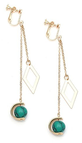 Idin Jewellery - Gold-tone Double Chain with Diamond Shape and Turquoise Bead Screw Back Clip-on Earrings