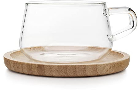 VIVA Klassische Kaffeetasse oder Teetasse und Untertasse aus Glas aus Bambusholz – 250 ml – perfekt für Cappuccino, Macchiato und Latte Macchiato