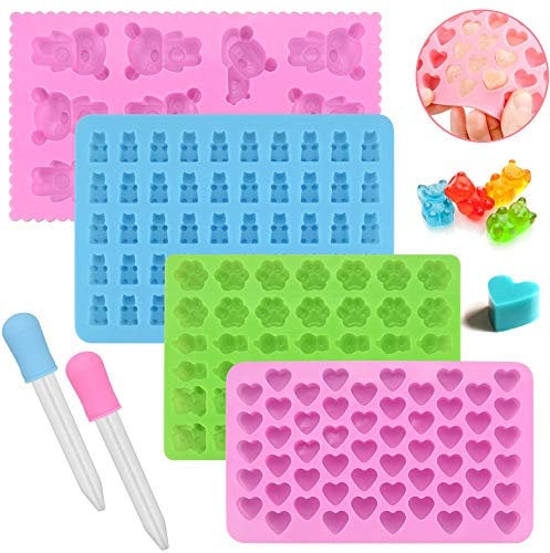 BUZIFU 4 Piezas Moldes para Gominolas Moldes de Silicona para Caramelos y Chocolates Molde de Silicona en Forma de Corazón y Oso con 2 Cuentagotas para Hacer Mini Bombones, Chocolates y Chuches