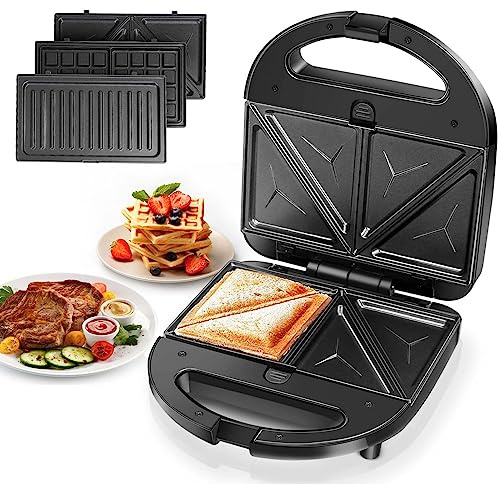 Aigostar Sandwich Maker Panini Press Grill, 3 in 1 Waffle Maker with Removable Non-stick Plates, Electric Grilled Cheese Maker, Portable Cool Touch Handle, Led Indicator Lights & Easy to Clean, 750W