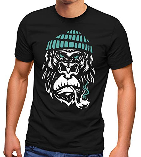 Neverless® Herren T-Shirt Gorilla AFFE Monkey Captain Sailor Seemann Fashion Streetstyle schwarz L