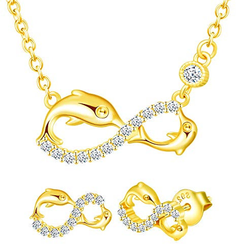 Yumilok Damen Schmuckset Halskette mit Delfin Unendlichkeit Liebe Zirkonia Anhänger & Damen Ohrstecker Ohrringe aus 925 Sterling Silber Gold