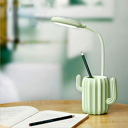 Desk Lamp with Pen Holder, USB Rechargeable Table Light, 3 Level Dimmer Reading Lights with Touch-Sensitive Switch, Cute Cactus Shape, Green