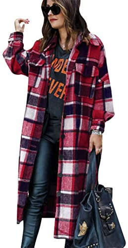 EFOFEI Femme Tenue Casual Avec Poches Chemise Vintage Plaid Boyfriend Carreau Tunique Tartan Manteau D'hiver Mélange De Laine Mélange Rouge Veste XL