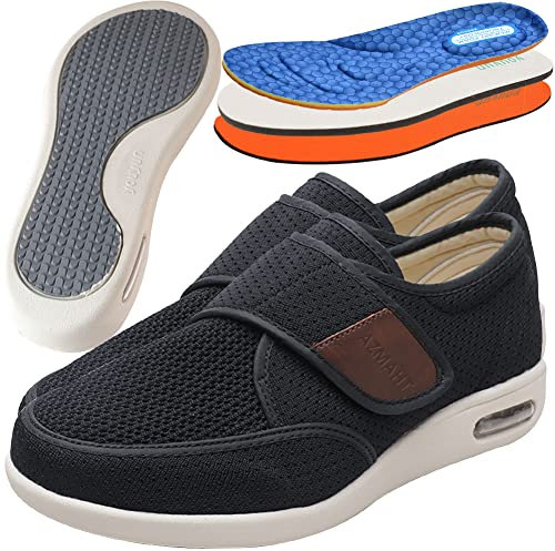 AZMAHT Diabetiker Schuhe Herren Orthopädische Hausschuhe Extra Weit Freizeitschuhe Verbandsschuhe Hallux Mit Klettverschluss Breiter, Schwarz, 45EU