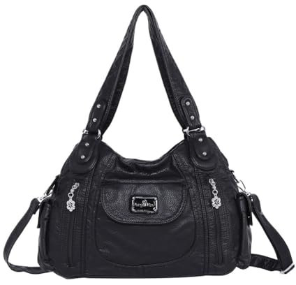 Angel Kiss Women Handbags Shoulder Bags Washed Leather Satchel Tote Bag Mutipocket Hobo Purse, 139#1black