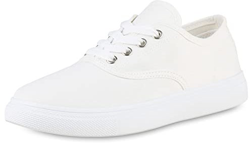 VAN HILL Damen Sneaker Low Bequeme Freizeit Schuhe Flache Basic Schnürer Stoffschuhe Schnürschuhe 206097 Weiss 37