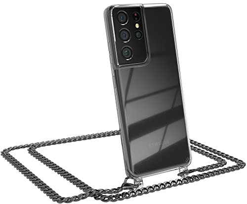 EAZY CASE Handykette kompatibel mit Samsung Galaxy S21 Ultra 5G Handyhülle mit Metal Umhängeband und Ersatz Kordel schwarz, Handykordel mit Schutzhülle, Stylische Kette, Metal - Anthrazit