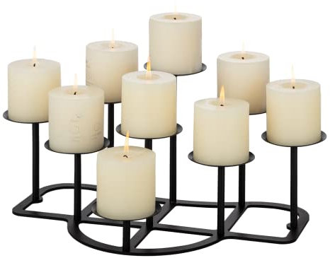 9 Arms Black Candelabra for Inside Fireplace - Metal Candle Holder for Tealight Pillar Candles Stand Iron Table Centrepiece Mantle Floor Decor