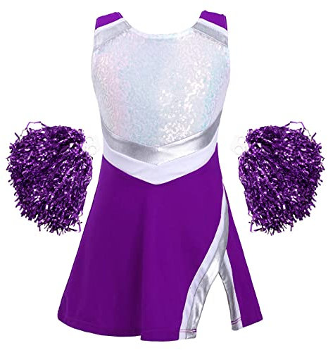 Alvivi Cheer Leaderin Kostüm Kinder Mädchen Cheerleading Schulmädchen Uniform Kleid mit Pompoms Halloween Karneval Fasching Partykleid A Lila 158-164