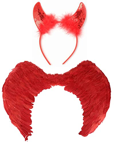 labreeze Red Devil Fancy Dress Feather Wings Sequin Devil Horns Valentine Hen Stag Do Party Set (Large 80cm Wingspan x 60cm High)