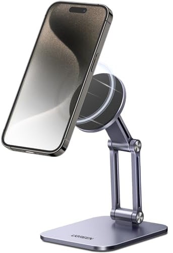 UGREEN Support Téléphone Magnétique Bureau Réglable Porte Smartphone Aimanté Pliable avec Anneaux Métallique Compatible avec MagSafe iPhone 16 Plus Pro Max 15 14 13 Galaxy S24 Ultra S23 (Gris)