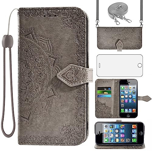 Asuwish Handyhülle für iPhone 5S/5/SE 2016 Hülle mit Band und Glas Folie Schutzfolie Kartenfach Klappbar Leder Geldbörse Ständer i 5SE 1 S SE2016 1. Generation Handy Hüllen Schutzhülle Phone Case Grau