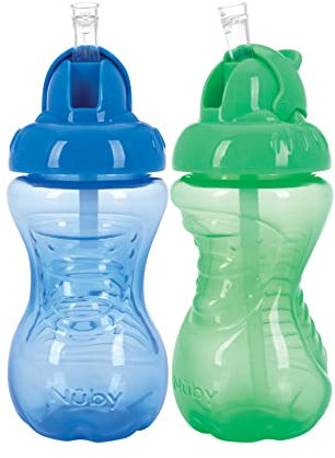 Nuby 2-Pack No-Spill Flip-It Cups, 10 Ounce, Blue/Green