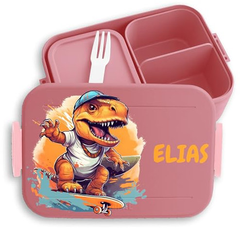 Kinder Bento Box Midi Lunchbox für Mepal Bentobox - Dino T-Rex Dinosaurier TRex Skateboard - 900 ml - Rosa - t rex brotdose kinderbrotdosen kindergarten saurier fans geschenke zur einschulung