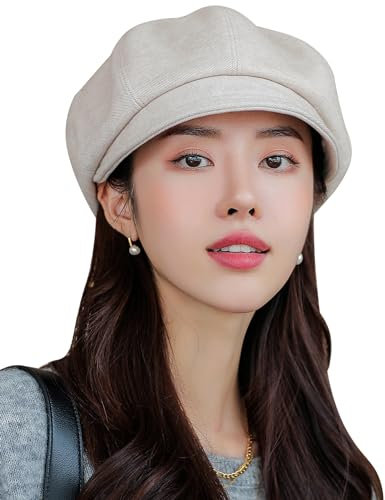 FEOYA Damen Ballonmütze Basic Schirmmütze Vintage Barett Mütze Elegant Wintermütze mit Schirm Stil A-Beige
