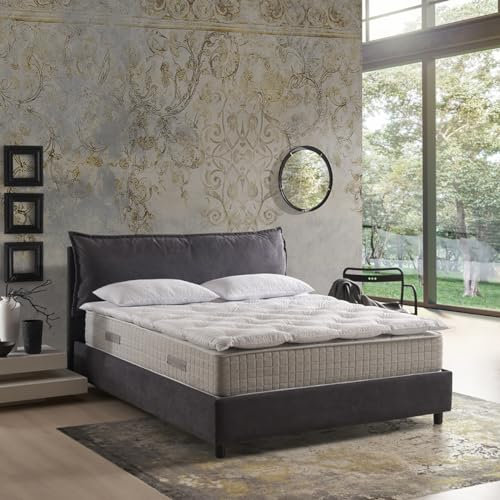 EVERGREENWEB - Matelas Double 160x200 avec surmatelas mémoire de Forme Hauteur 32 cm + Paire de oreillers de lit, orthopédique,revêtement Blanc Effet MASSANT, correcteur avec Rembourrage Effet Plumes