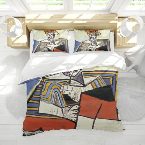 HengYun ART Pablo Picasso Style Bettbezüge World Classic Portrait Bettwäsche-Set Utral Soft Maschinenwaschbarer Blauer Bettbezug mit 2 Kissenbezügen 135x200cm