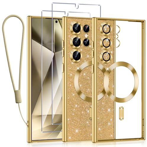 Kokio Handykette für Samsung Galaxy S24 Ultra 5G Hülle mit Band, [Kompatibel mit MagSafe] Glitzer Magnetisch Handyhülle für Samsung S24 Ultra 5G mit 2 Stück Schutzfolie Stoßfeste Schutzhülle, Gold