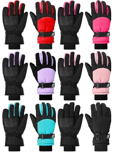 Bencailor 6 Pairs Kids Winter Gloves Waterproof Ski Glove Boy Girl Warm Snow Snowboard Mittens for Cold Unisex(Light Purple Blue-Green Light Pink Rose-red Red Black,6-10 Years,Elegant,Plain)