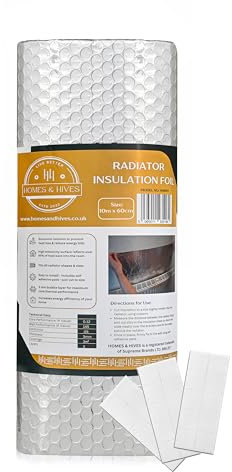 Homes and Hives Radiator Reflector Foil 10m x 60cm – 3mm Thick Energy Saving Radiator Foil Roll – Reduces Heat Loss, Saves Energy & Money – Easy-to-Install Radiator Heat Deflector Insulation Panels