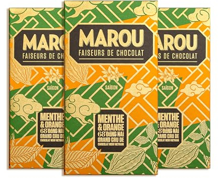 MAROU - Tablette Chocolat Noir 68% Menthe & Orange - Grand Cru Dong Nai - 80 g - Sans Lécithine, Sans Gluten - Origine Vietnam (Lot de 3)