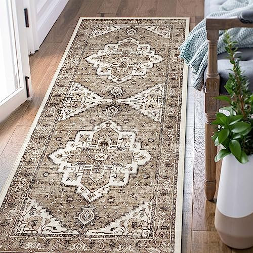 TOPICK Teppich Orientalisch 60x150cm Entryway Läufer Innen Waschbarer Boho Flurteppich Läufer Lang Distressed Weicher Küchenläufer rutschfeste Badezimmer Küche Wohnzimmer Schlafzimmer Braun