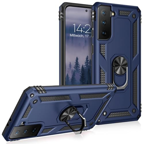 LBH Outdoor Hülle für Samsung Galaxy S21 FE Armor Militär Stoßfest Handyhülle 360 Grad Metal Ring Halter Ständer Schutzhülle für Handyhalterung Auto Magnet Blau