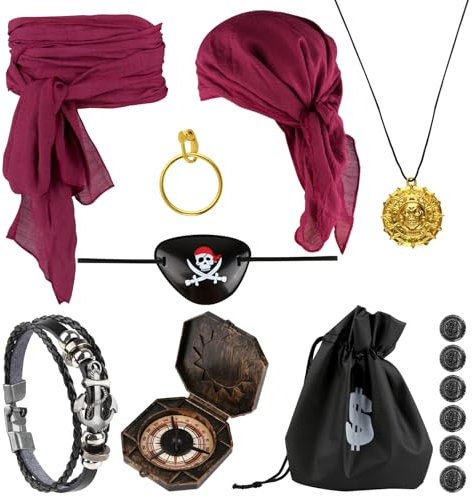 Piratenkostüm Zubehör Set, Piraten Zubehör mit Piraten Stirnband Taillengürtel Augenklappe Goldener Ohrring Armband Halskette Kompass Geldbeutel, Piraten Accessoires für Halloween Karneval