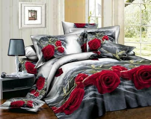 Z Fashion 3D Grey Red Rose Duvet Cover set Flower Prints Bedding Set with Pillowcases and fitted sheet Single Double and King Sizes. (King)
