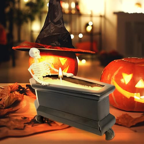 Halloween Kerze – Sargschädel Duftkerze,Halloween Skelett Kerze,lange brennende Soja-Kerze mit gotischem Design,Vintage Bauernhof Dekoration,gruselige Geschenke für Frauen sitzen
