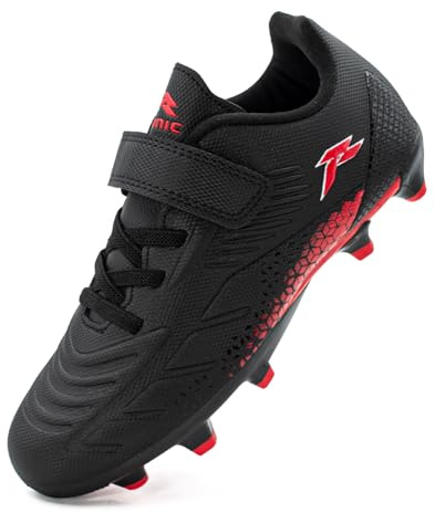 RUNIC Kinder-Fußballschuhe für Jungen und Mädchen – kleine und große Kinder, athletische Outdoor-Fußballschuhe, fester Boden, Klettverschluss, Schwarz/Gold, Schwarz/Rot, 34 EU