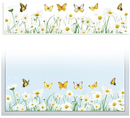 Peacoblue Statische Fensteraufkleber, 120 x 30 cm, 1 Bogen Gänseblümchen und Schmetterlinge, dekorativ, abnehmbar, für Zuhause, Büro, Dekoration für Glasfenster