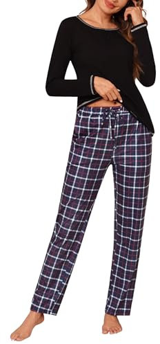 Litherday Pyjama Femme Ensembles de Pyjama Femme Coton Vêtement de Nuit à Manches Longues Haut + Bas de Pyjama Carreaux Automne et Hiver,B Noir XXL